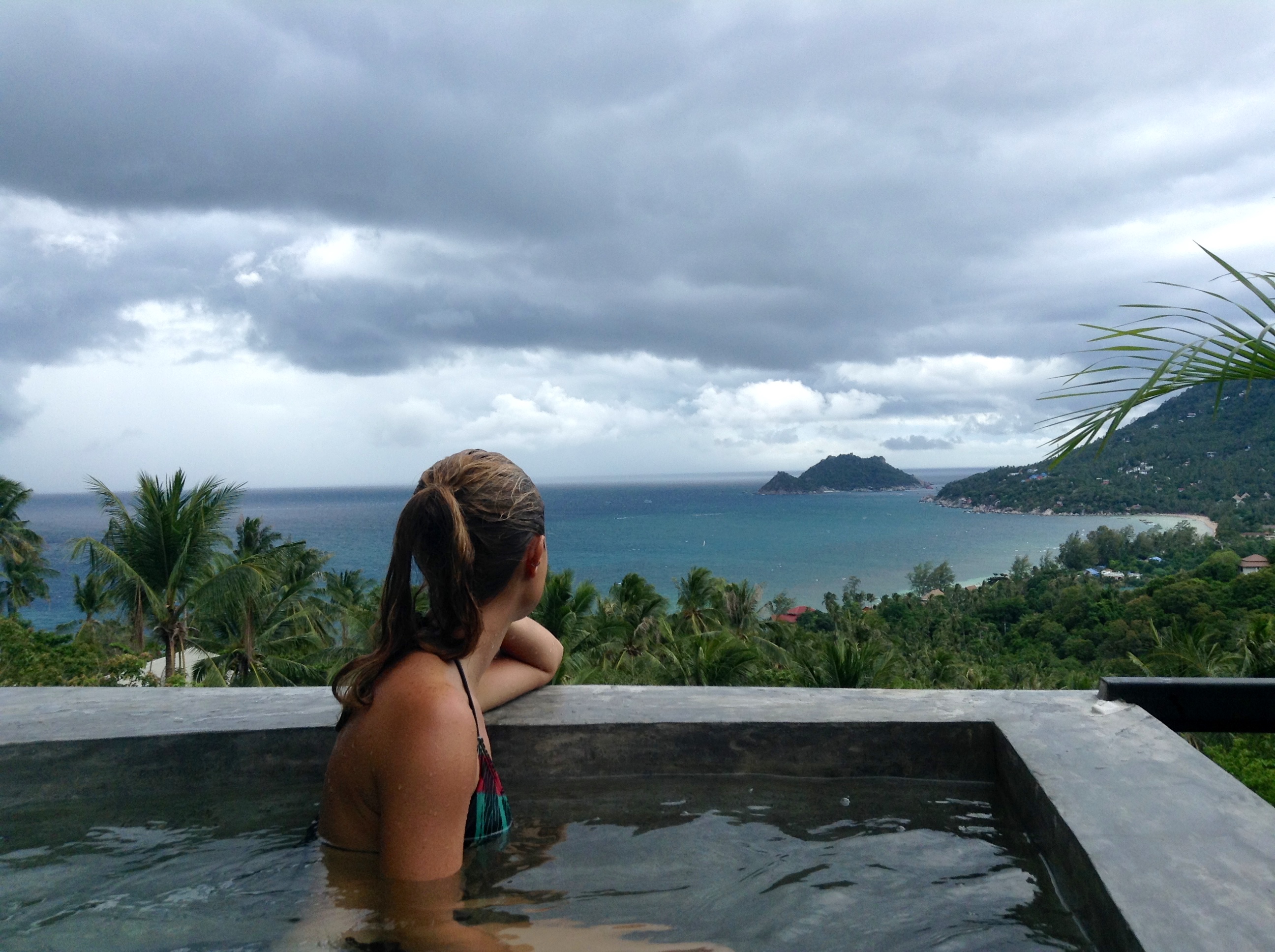 Me looking out at Koh Nang Yuan from our pool in Koh Tao, Thailand