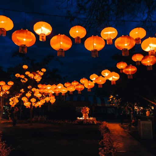 Lanterns hang at nighttime over George Town.