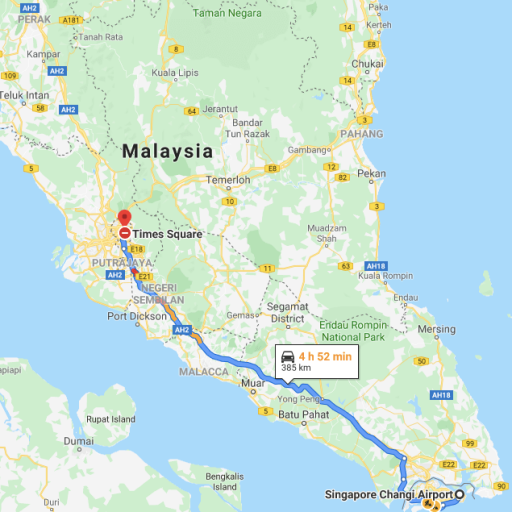 Google Maps screenshot of route from Singapore to KL